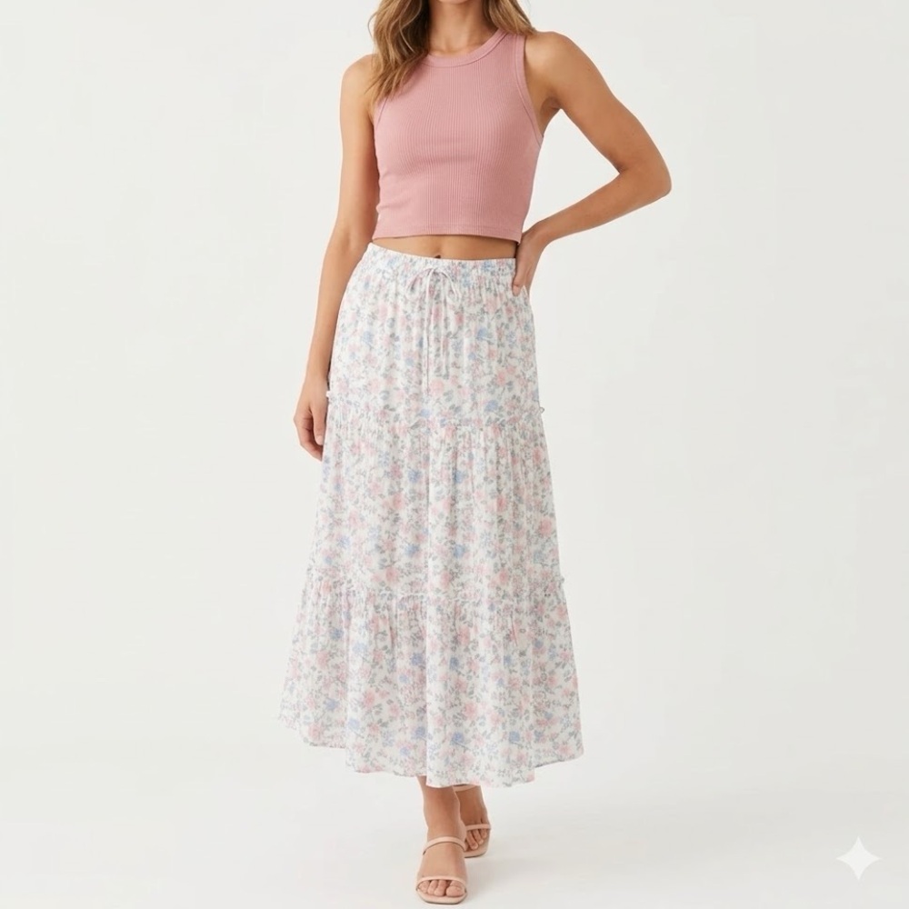 Celebrity Pink Floral Tiered Maxi Skirt - White with Pink & Blue - Picture 11 of 16